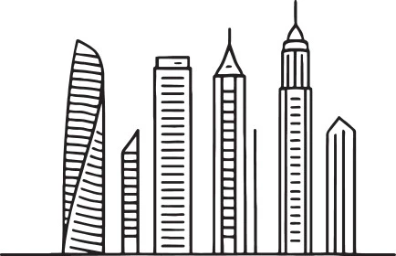 رسوم توضيحية للأبراج وناطحات السحاب في دبي، النمو والتطور العمراني، أماكن ومعالم سياحية مشهورة، الفن الهندسي المعماري للمباني والمنشآت في الإمارات العربية المتحدة، خلفية بيضاء، فيكتور اليستريتور