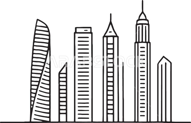 رسوم توضيحية للأبراج وناطحات السحاب في دبي، النمو والتطور العمراني، أماكن ومعالم سياحية مشهورة، الفن الهندسي المعماري للمباني والمنشآت في الإمارات العربية المتحدة، خلفية بيضاء، فيكتور اليستريتور