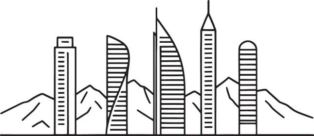 رسوم توضيحية للأبراج وناطحات السحاب في راس الخيمة، النمو والتطور العمراني، أماكن ومعالم سياحية مشهورة، الفن الهندسي المعماري للمباني والمنشآت في الإمارات العربية المتحدة، خلفية بيضاء، فيكتور اليستريتور