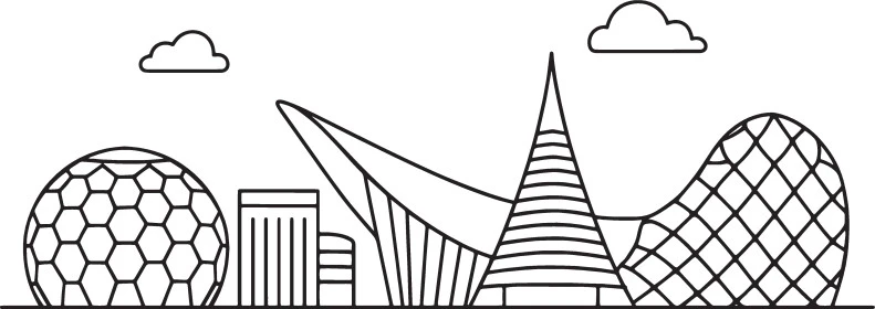 أفق أجنحة مدينة دبي إكسبو، رسوم توضيحية للأبراج وناطحات السحاب ، النمو والتطور العمراني، أماكن ومعالم سياحية مشهورة، الفن الهندسي المعماري للمباني والمنشآت في الإمارات العربية المتحدة، خلفية بيضاء، فيكتور اليستريتور