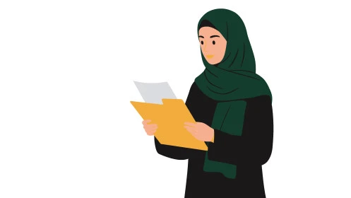  الاستعداد للعام الجامعي الجديد, التعليم العالي في الجامعات والكليات الأكاديمية, طالبة جامعية عربية خليجية سعودية محجبة ترتدي العباءة السوداء تحمل بيدها الأوراق, خلفية بيضاء، فيكتور اليستريتور