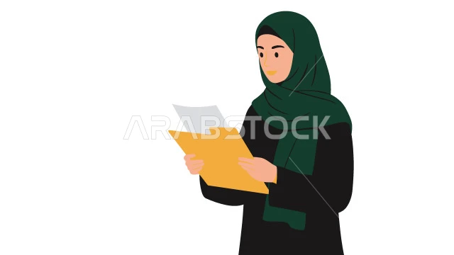  الاستعداد للعام الجامعي الجديد, التعليم العالي في الجامعات والكليات الأكاديمية, طالبة جامعية عربية خليجية سعودية محجبة ترتدي العباءة السوداء تحمل بيدها الأوراق, خلفية بيضاء، فيكتور اليستريتور