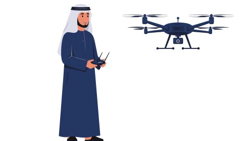 القدم التقني والتكنولوجي لأدوات التصوير، استعمال تقنيات أجهزة التصوير الحديثة، رجل عربي خليجي اماراتي يرتدي الكندورة والغترة البيضاء يمسك بيده جهاز التحكم ويقوم بالتحكم بطائرة درون تحلق في السماء، خلفية بيضاء، فيكتور اليستريتور