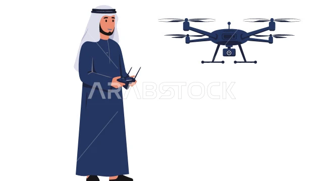 Technical and technological advances in photography tools, use of modern photography techniques, an Emirati Gulf Arab man wearing a white kandura and ghutra holding a remote control in his hand and controlling a drone flying in the sky, white background, Illustrator vector