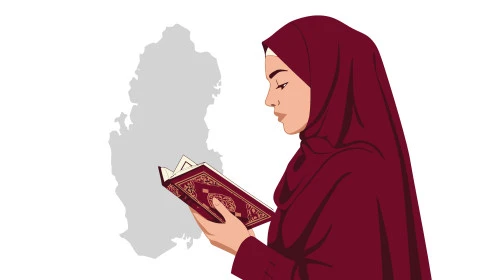 Striving in worship during the holy month of Ramadan, getting closer to God by reading the Holy Quran and contemplating its meanings, a Saudi Arabian Gulf woman wearing an abaya and holding the Holy Quran in her hand, white background, Illustrator vector