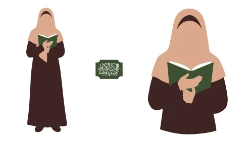  الاجتهاد في العبادة في شهر رمضان المبارك، التقرب الى الله بقراءة القرآن الكريم وتدبر معانيه,  إمرأة عربية سعودية خليجية ترتدي العباءة وتحمل بيدها كتاب القرآن الكريم، خلفية بيضاء، فيكتور اليستريتور