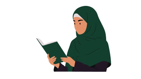 الاجتهاد في العبادة في شهر رمضان المبارك، التقرب الى الله بقراءة القرآن الكريم وتدبر معانيه,  إمرأة عربية سعودية خليجية ترتدي العباءة وتحمل بيدها كتاب القرآن الكريم، خلفية بيضاء، فيكتور اليستريتور