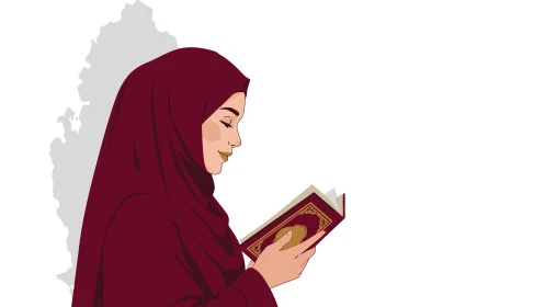 Striving in worship during the holy month of Ramadan, getting closer to God by reading the Holy Quran and contemplating its meanings, a Saudi Arabian Gulf woman wearing an abaya and holding the Holy Quran in her hand, white background, Illustrator vector