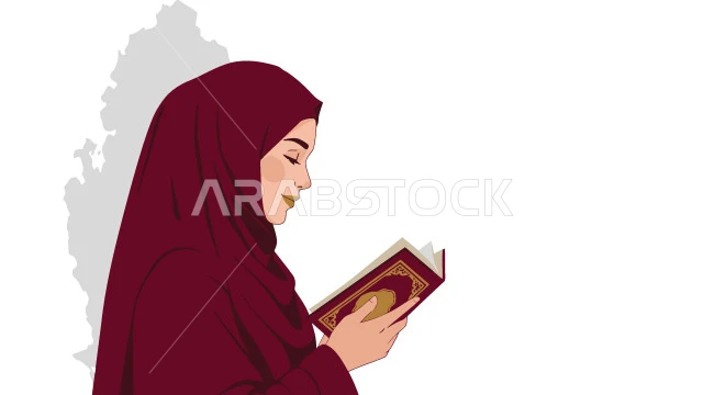  الاجتهاد في العبادة في شهر رمضان المبارك، التقرب الى الله بقراءة القرآن الكريم وتدبر معانيه,  إمرأة عربية سعودية خليجية ترتدي العباءة وتحمل بيدها كتاب القرآن الكريم، خلفية بيضاء، فيكتور اليستريتور
