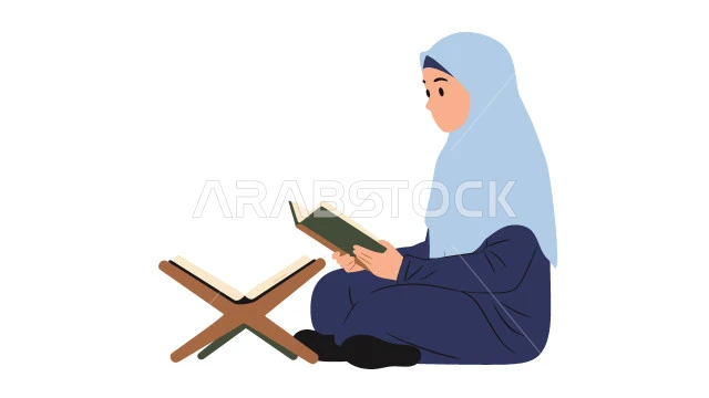 الاجتهاد في العبادة في شهر رمضان المبارك، التقرب الى الله بقراءة القرآن الكريم وتدبر معانيه,  إمرأة عربية سعودية خليجية ترتدي العباءة وتحمل بيدها كتاب القرآن الكريم، خلفية بيضاء، فيكتور اليستريتور