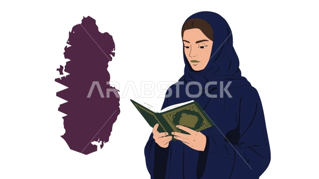 الاجتهاد في العبادة في شهر رمضان المبارك، التقرب الى الله بقراءة القرآن الكريم وتدبر معانيه,  إمرأة عربية سعودية خليجية ترتدي العباءة وتحمل بيدها كتاب القرآن الكريم، خلفية بيضاء، فيكتور اليستريتور