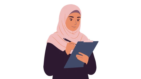 كتابة وتدوين شيء ما، مفهوم النعومة الاناقة، الاهتمام بالمظهر الخارجي, رسوم كرتونية لشخصية امرأة عربية خليجية سعودية محجبة ترتدي العباءة تحمل بيدها دفتر للتسجيل, خلفية بيضاء, فيكتور اليستريتور