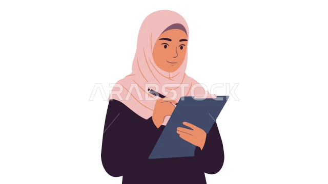 كتابة وتدوين شيء ما، مفهوم النعومة الاناقة، الاهتمام بالمظهر الخارجي, رسوم كرتونية لشخصية امرأة عربية خليجية سعودية محجبة ترتدي العباءة تحمل بيدها دفتر للتسجيل, خلفية بيضاء, فيكتور اليستريتور
