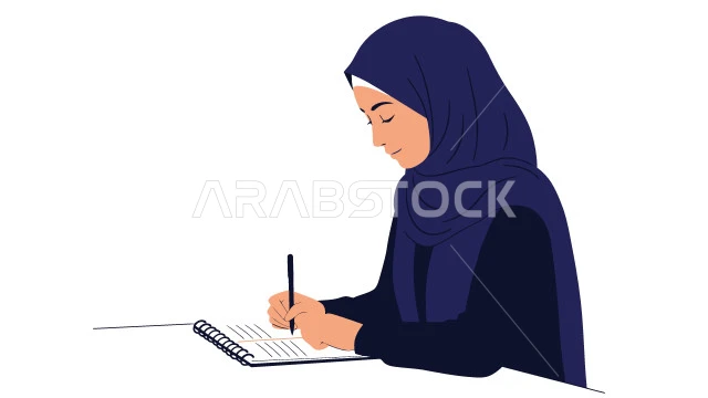 Writing and noting something, the concept of softness and elegance, taking care of one's appearance, a cartoon character of a veiled Saudi Arabian Gulf woman wearing an abaya, holding a notebook in her hand, white background, vector illustrator