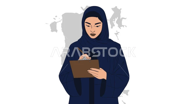 Writing and noting something, the concept of softness and elegance, taking care of one's appearance, a cartoon character of a veiled Saudi Arabian Gulf woman wearing an abaya, holding a notebook in her hand, white background, vector illustrator