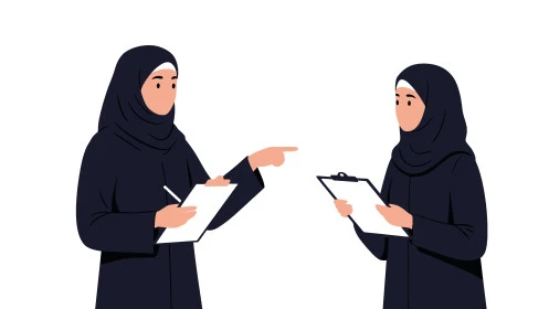  كتابة وتدوين شيء ما، مفهوم النعومة الاناقة، الاهتمام بالمظهر الخارجي, رسوم كرتونية لشخصية امرأة عربية خليجية سعودية محجبة ترتدي العباءة تحمل بيدها دفتر للتسجيل, خلفية بيضاء, فيكتور اليستريتور