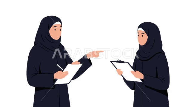 Writing and noting something, the concept of softness and elegance, taking care of one's appearance, a cartoon character of a veiled Saudi Arabian Gulf woman wearing an abaya, holding a notebook in her hand, white background, vector illustrator