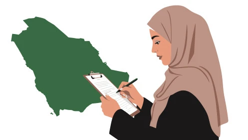  كتابة وتدوين شيء ما، مفهوم النعومة الاناقة، الاهتمام بالمظهر الخارجي, رسوم كرتونية لشخصية امرأة عربية خليجية سعودية محجبة ترتدي العباءة تحمل بيدها دفتر للتسجيل, خلفية بيضاء, فيكتور اليستريتور