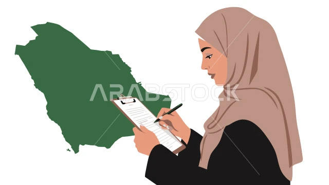 Writing and noting something, the concept of softness and elegance, taking care of one's appearance, a cartoon character of a veiled Saudi Arabian Gulf woman wearing an abaya, holding a notebook in her hand, white background, vector illustrator