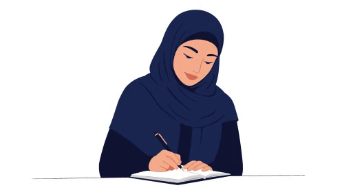  تدوين وكتابة شيء ما، مفهوم النعومة الاناقة، الاهتمام بالمظهر الخارجي, رسوم كرتونية لشخصية امرأة عربية خليجية سعودية محجبة ترتدي العباءة تحمل بيدها دفتر للتسجيل, خلفية بيضاء, فيكتور اليستريتور