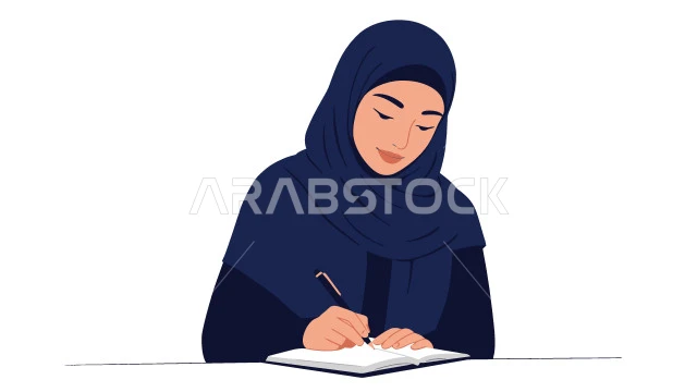  تدوين وكتابة شيء ما، مفهوم النعومة الاناقة، الاهتمام بالمظهر الخارجي, رسوم كرتونية لشخصية امرأة عربية خليجية سعودية محجبة ترتدي العباءة تحمل بيدها دفتر للتسجيل, خلفية بيضاء, فيكتور اليستريتور