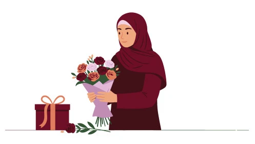  تنسيق باقات الزهور في الأعياد، بيع وشراء الورود الطبيعية, تقديم الأزهار في المناسبات السعيدة, الاناقة والاهتمام بالمظهر الخارجي, رسوم كرتونية لشخصية امرأة عربية خليجية سعودية محجبة ترتدي العباءة تحمل بيدها الورد, خلفية بيضاء, فيكتور اليستريتور