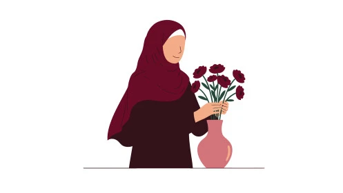  تنسيق باقات الزهور في الأعياد، بيع وشراء الورود الطبيعية, تقديم الأزهار في المناسبات السعيدة, الاناقة والاهتمام بالمظهر الخارجي, رسوم كرتونية لشخصية امرأة عربية خليجية سعودية محجبة ترتدي العباءة تحمل بيدها الورد, خلفية بيضاء, فيكتور اليستريتور 