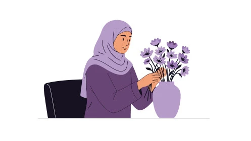  تنسيق باقات الزهور في الأعياد، بيع وشراء الورود الطبيعية, تقديم الأزهار في المناسبات السعيدة, الاناقة والاهتمام بالمظهر الخارجي, رسوم كرتونية لشخصية امرأة عربية خليجية سعودية محجبة ترتدي العباءة تحمل بيدها الورد, خلفية بيضاء, فيكتور اليستريتور