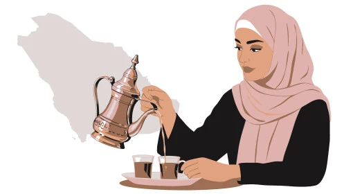  كرم الضيافة وحسن الاستقبال في السعودية, إمراةعربية خليجية سعودية مبتسمة ترتدي عباءة سوداء تقوم بصب القهوة الخليجية, تقديم القهوة العربية الأصيلة في الأعياد ، أصالة عادات وتقاليد المجتمع السعودي في المناسبات الاسلامية، خلفية بيضاء، فيكتور اليستريتور