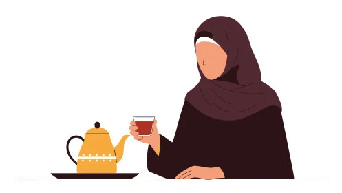 كرم الضيافة وحسن الاستقبال في السعودية, إمراةعربية خليجية سعودية مبتسمة ترتدي عباءة سوداء تقوم بصب القهوة الخليجية, تقديم القهوة العربية الأصيلة في الأعياد ، أصالة عادات وتقاليد المجتمع السعودي في المناسبات الاسلامية، خلفية بيضاء، فيكتور اليستريتور