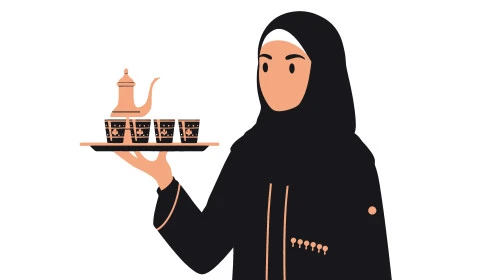 كرم الضيافة وحسن الاستقبال في السعودية, إمراةعربية خليجية سعودية مبتسمة ترتدي عباءة سوداء تقوم بصب القهوة الخليجية, تقديم القهوة العربية الأصيلة في الأعياد ، أصالة عادات وتقاليد المجتمع السعودي في المناسبات الاسلامية، خلفية بيضاء، فيكتور اليستريتور