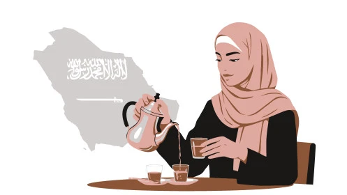 كرم الضيافة وحسن الاستقبال في السعودية, إمراةعربية خليجية سعودية مبتسمة ترتدي عباءة سوداء تقوم بصب القهوة الخليجية, تقديم القهوة العربية الأصيلة في الأعياد ، أصالة عادات وتقاليد المجتمع السعودي في المناسبات الاسلامية، خلفية بيضاء، فيكتور اليستريتور