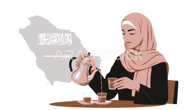 كرم الضيافة وحسن الاستقبال في السعودية, إمراةعربية خليجية سعودية مبتسمة ترتدي عباءة سوداء تقوم بصب القهوة الخليجية, تقديم القهوة العربية الأصيلة في الأعياد ، أصالة عادات وتقاليد المجتمع السعودي في المناسبات الاسلامية، خلفية بيضاء، فيكتور اليستريتور