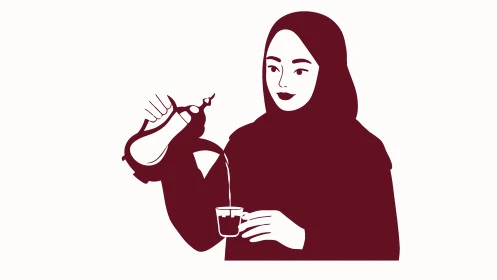 كرم الضيافة وحسن الاستقبال في السعودية, إمراةعربية خليجية سعودية مبتسمة ترتدي عباءة سوداء تقوم بصب القهوة الخليجية, تقديم القهوة العربية الأصيلة في الأعياد ، أصالة عادات وتقاليد المجتمع السعودي في المناسبات الاسلامية، خلفية بيضاء، فيكتور اليستريتور