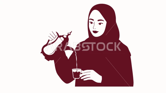 كرم الضيافة وحسن الاستقبال في السعودية, إمراةعربية خليجية سعودية مبتسمة ترتدي عباءة سوداء تقوم بصب القهوة الخليجية, تقديم القهوة العربية الأصيلة في الأعياد ، أصالة عادات وتقاليد المجتمع السعودي في المناسبات الاسلامية، خلفية بيضاء، فيكتور اليستريتور