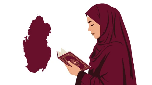 Getting closer to God by reading the Holy Quran and contemplating its meanings, striving in worship during the holy month of Ramadan, a Saudi Arabian Gulf woman wearing an abaya and holding the Holy Quran in her hand, white background, Illustrator vector