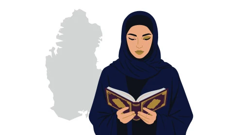 Getting closer to God by reading the Holy Quran and contemplating its meanings, striving in worship during the holy month of Ramadan, a Saudi Arabian Gulf woman wearing an abaya and holding the Holy Quran in her hand, white background, Illustrator vector