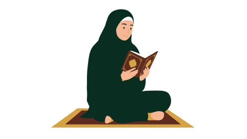 التقرب الى الله بقراءة المصحف الشريف وتدبر معانيه,  الاجتهاد في العبادة في شهر رمضان المبارك، إمرأة عربية سعودية خليجية ترتدي العباءة وتحمل بيدها كتاب القرآن الكريم، خلفية بيضاء، فيكتور اليستريتور