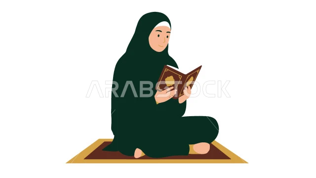 التقرب الى الله بقراءة المصحف الشريف وتدبر معانيه,  الاجتهاد في العبادة في شهر رمضان المبارك، إمرأة عربية سعودية خليجية ترتدي العباءة وتحمل بيدها كتاب القرآن الكريم، خلفية بيضاء، فيكتور اليستريتور