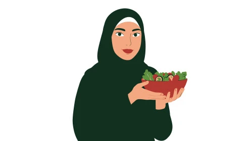 النعومة والأنوثة والأناقة والاهتمام بالمظهر الخارجي , إمرأة عربية خليجية سعودية ترتدي الحجاب تنظر الى الكاميرا تحمل بيدها سلة مليئة بالفواكه الموسمية الطازجة، خلفية بيضاء، فيكتور اليستريتور