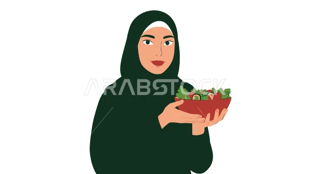 Softness, femininity, elegance and interest in outward appearance, a Saudi Arabian Gulf woman wearing the hijab looking at the camera holding a basket full of fresh seasonal fruits, white background, vector illustrator