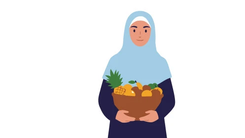 النعومة والأنوثة والأناقة والاهتمام بالمظهر الخارجي , إمرأة عربية خليجية سعودية ترتدي الحجاب تنظر الى الكاميرا تحمل بيدها سلة مليئة بالفواكه الموسمية الطازجة، خلفية بيضاء، فيكتور اليستريتور