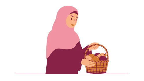 النعومة والأنوثة والأناقة والاهتمام بالمظهر الخارجي , إمرأة عربية خليجية سعودية ترتدي الحجاب تنظر الى الكاميرا تحمل بيدها سلة مليئة بالفواكه الموسمية الطازجة، خلفية بيضاء، فيكتور اليستريتور