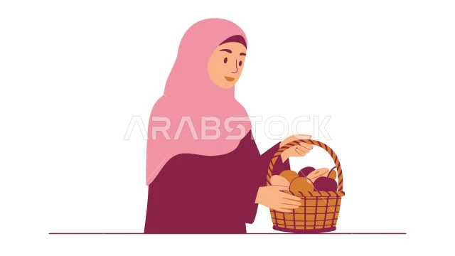 النعومة والأنوثة والأناقة والاهتمام بالمظهر الخارجي , إمرأة عربية خليجية سعودية ترتدي الحجاب تنظر الى الكاميرا تحمل بيدها سلة مليئة بالفواكه الموسمية الطازجة، خلفية بيضاء، فيكتور اليستريتور