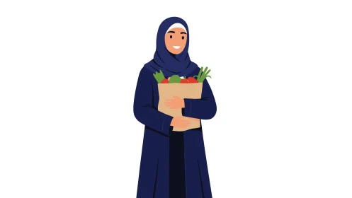 النعومة والأنوثة والأناقة والاهتمام بالمظهر الخارجي , إمرأة عربية خليجية سعودية ترتدي الحجاب تنظر الى الكاميرا تحمل بيدها سلة مليئة بالفواكه الموسمية الطازجة، خلفية بيضاء، فيكتور اليستريتور