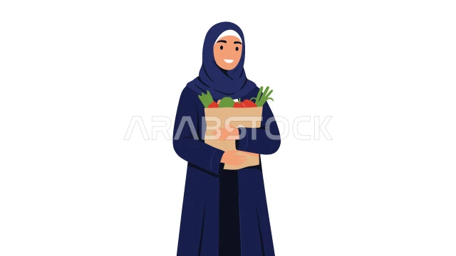 النعومة والأنوثة والأناقة والاهتمام بالمظهر الخارجي , إمرأة عربية خليجية سعودية ترتدي الحجاب تنظر الى الكاميرا تحمل بيدها سلة مليئة بالفواكه الموسمية الطازجة، خلفية بيضاء، فيكتور اليستريتور