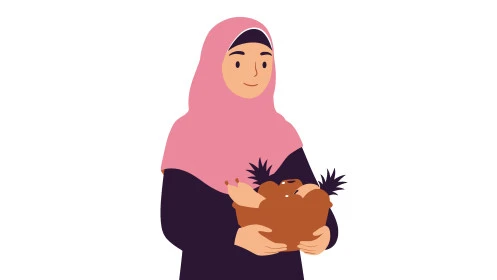  النعومة والأنوثة والأناقة والاهتمام بالمظهر الخارجي , إمرأة عربية خليجية سعودية ترتدي الحجاب تنظر الى الكاميرا تحمل بيدها سلة مليئة بالفواكه الموسمية الطازجة، خلفية بيضاء، فيكتور اليستريتور