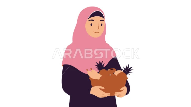  النعومة والأنوثة والأناقة والاهتمام بالمظهر الخارجي , إمرأة عربية خليجية سعودية ترتدي الحجاب تنظر الى الكاميرا تحمل بيدها سلة مليئة بالفواكه الموسمية الطازجة، خلفية بيضاء، فيكتور اليستريتور