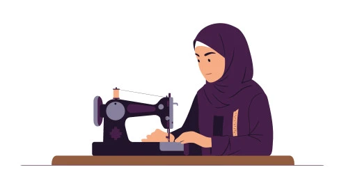 استعمال أدوات ومعدات الحياكة، تفصيل الملابس النسائية، صورة مقربة لامراة عربية خليجية سعودية تستخدم ماكينة خياطة، مهن و حرف يدوية شعبية، اختيار أجود أنواع الأقمشة لصناعة الأثواب، خلفية بيضاء، فيكتور اليستريتور