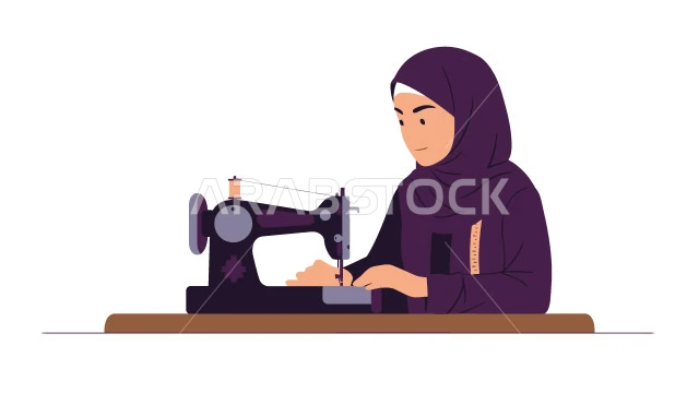 استعمال أدوات ومعدات الحياكة، تفصيل الملابس النسائية، صورة مقربة لامراة عربية خليجية سعودية تستخدم ماكينة خياطة، مهن و حرف يدوية شعبية، اختيار أجود أنواع الأقمشة لصناعة الأثواب، خلفية بيضاء، فيكتور اليستريتور
